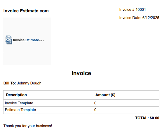 Invoice Estimate website Screenshot